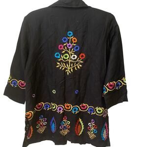 Linea by Louis Dell 'Olio Blouse Womens S Black Embroidered Floral Linen Rayon
